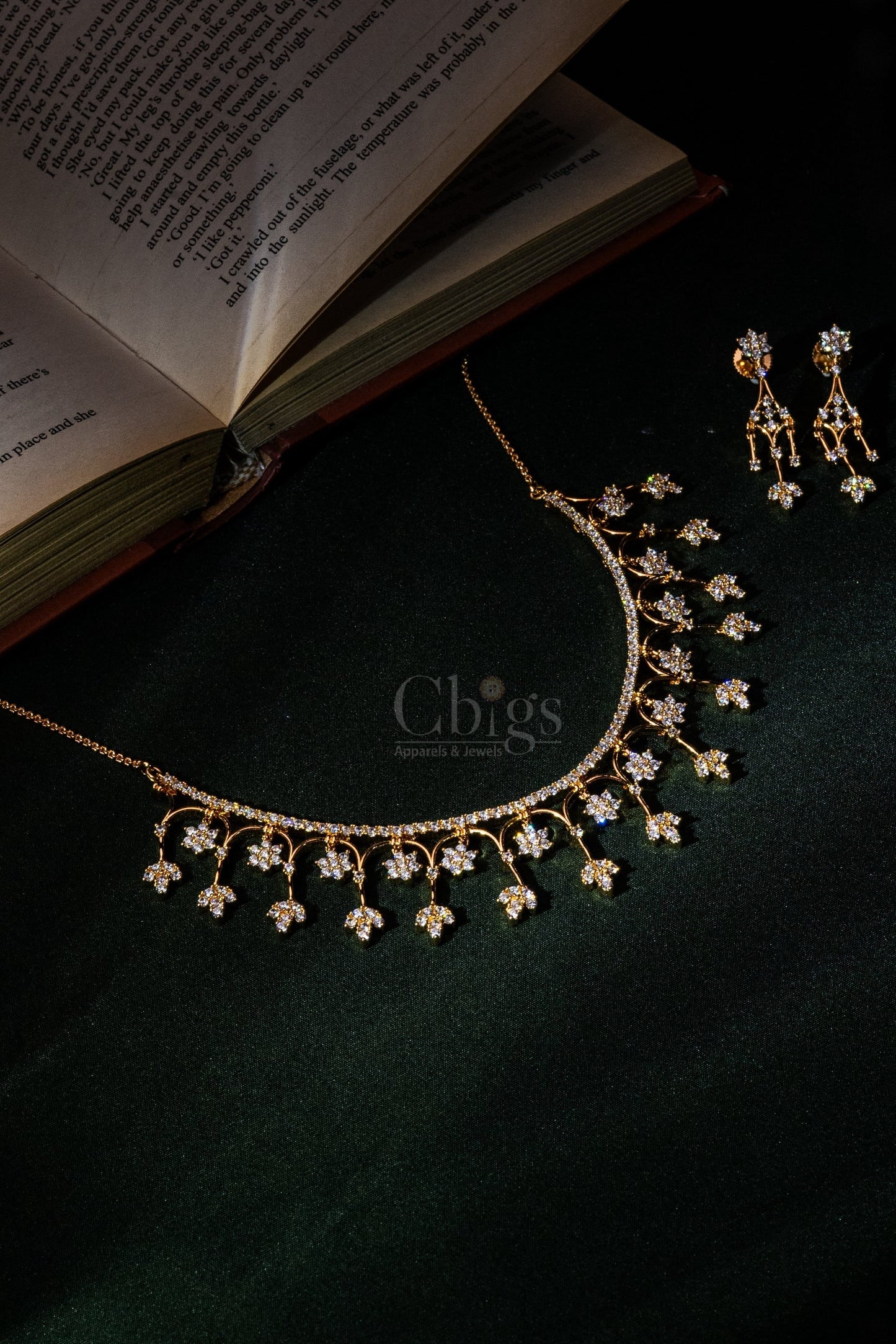 Regal Scroll Drop Diamond Crush Necklace Set